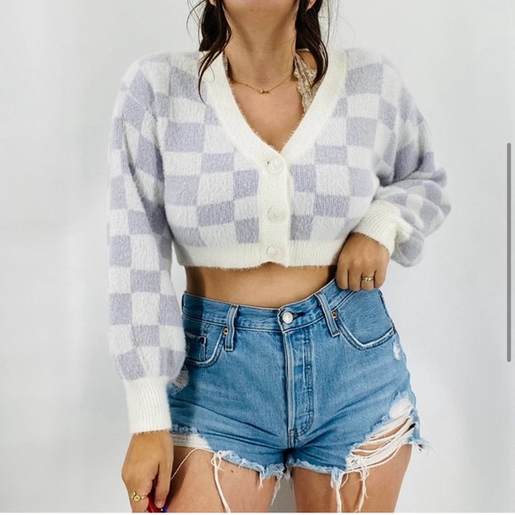Altar'd State M purple white checkered cropped sweater - Picture 1 of 4